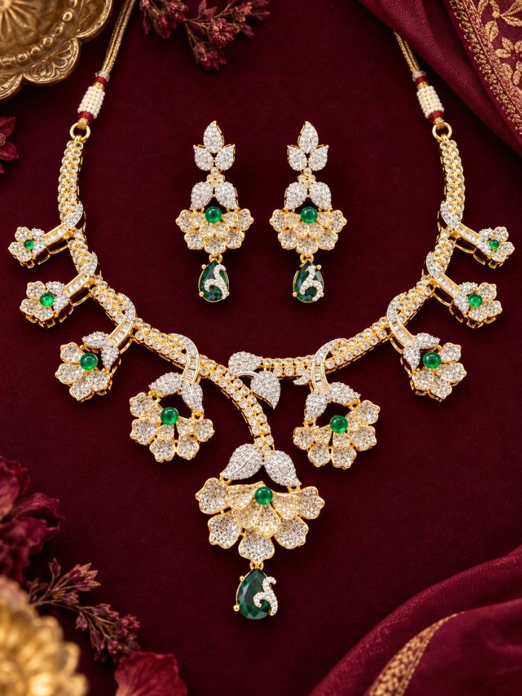 Oleander American Diamond Green Dual Tone Necklace Set