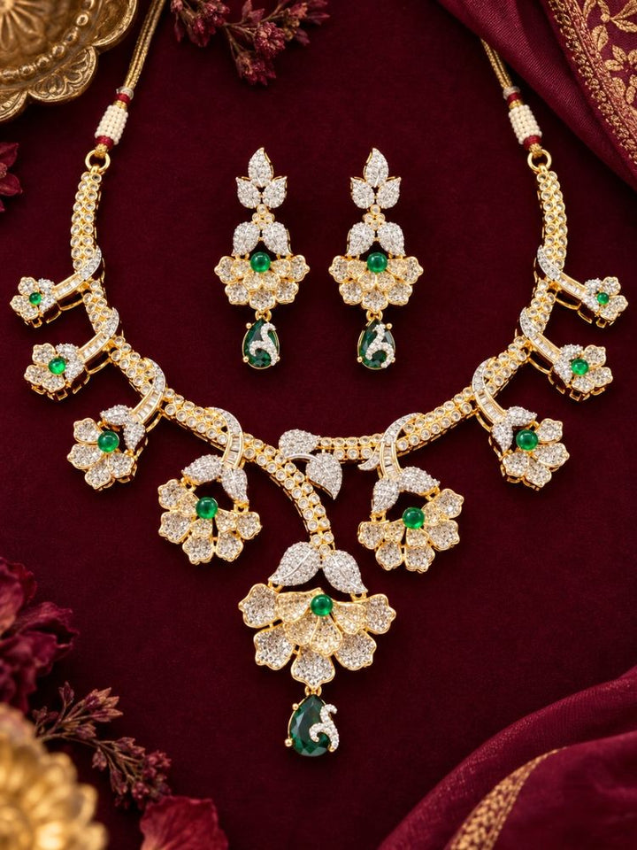 Oleander American Diamond Green Dual Tone Necklace Set