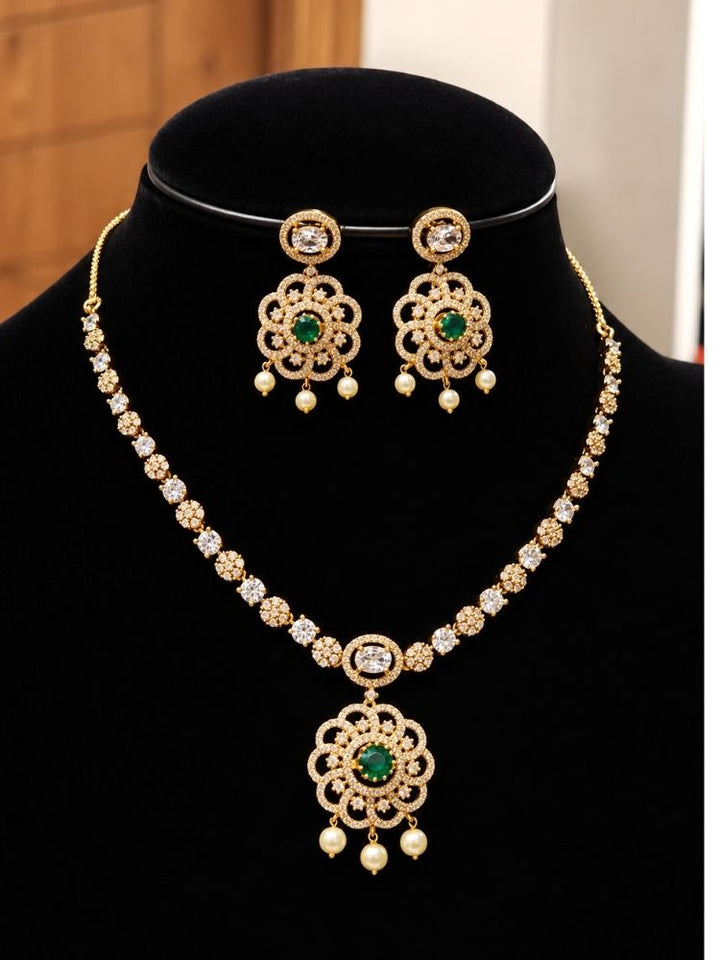 Coco Colour Changing Necklace Set on black display – gold-tone American diamond necklace with interchangeable stone and earrings