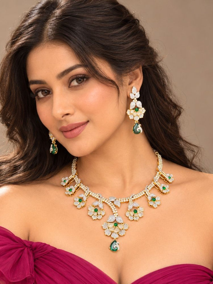 Oleander American Diamond Green Dual Tone Necklace Set