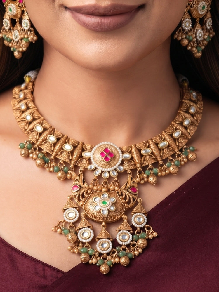 Alakapuri Heritage Pink & Green Necklace Set