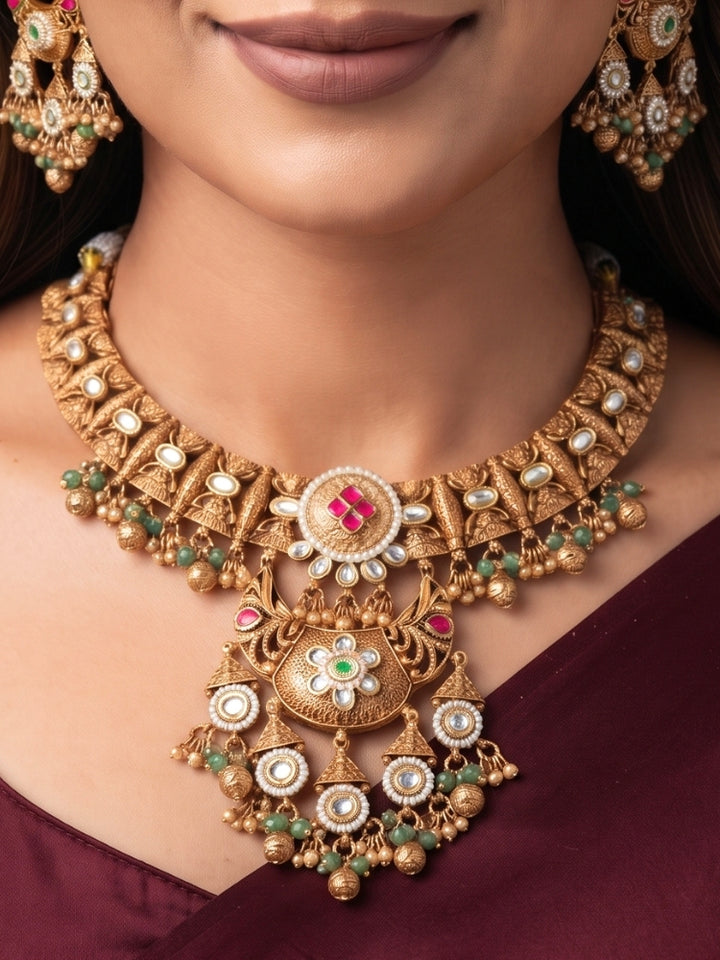 Alakapuri Heritage Pink & Green Necklace Set