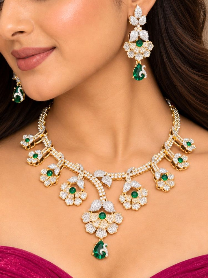 Oleander American Diamond Green Dual Tone Necklace Set