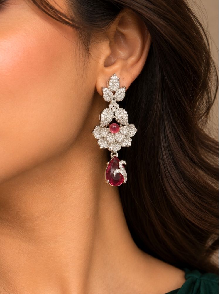 Oleander American Diamond Red Silver Tone earrings close-up – silver American diamond floral drop earrings with red stones, matching the necklace set