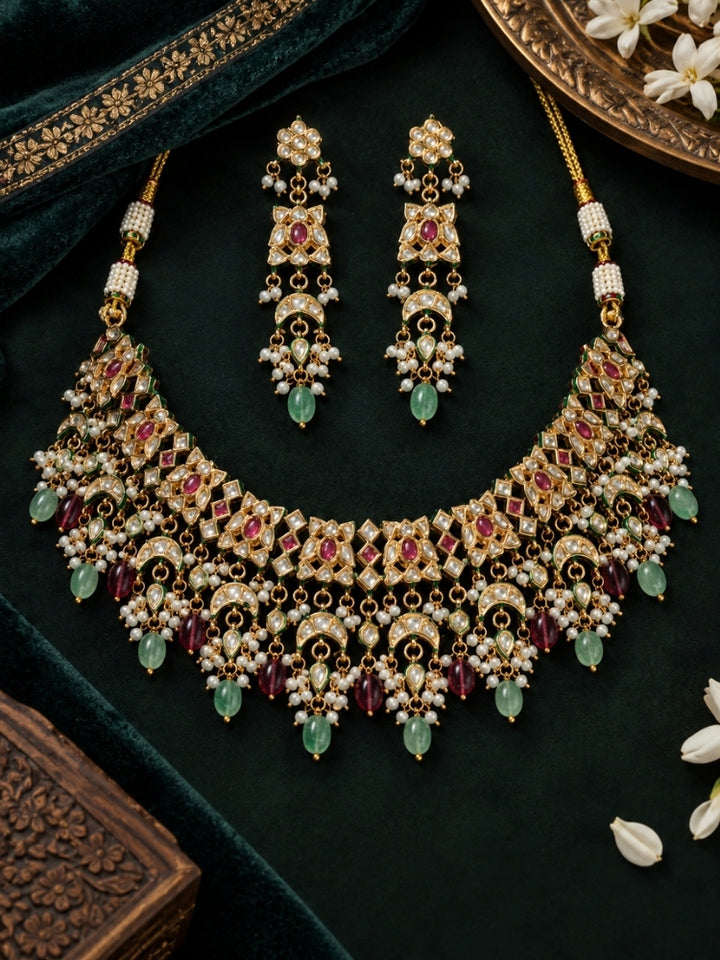 Zohrabano Kundan Pink & Green Collar Necklace Set