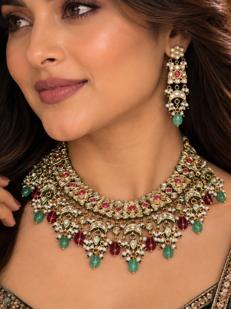 Zohrabano Kundan Pink & Green Collar Necklace Set