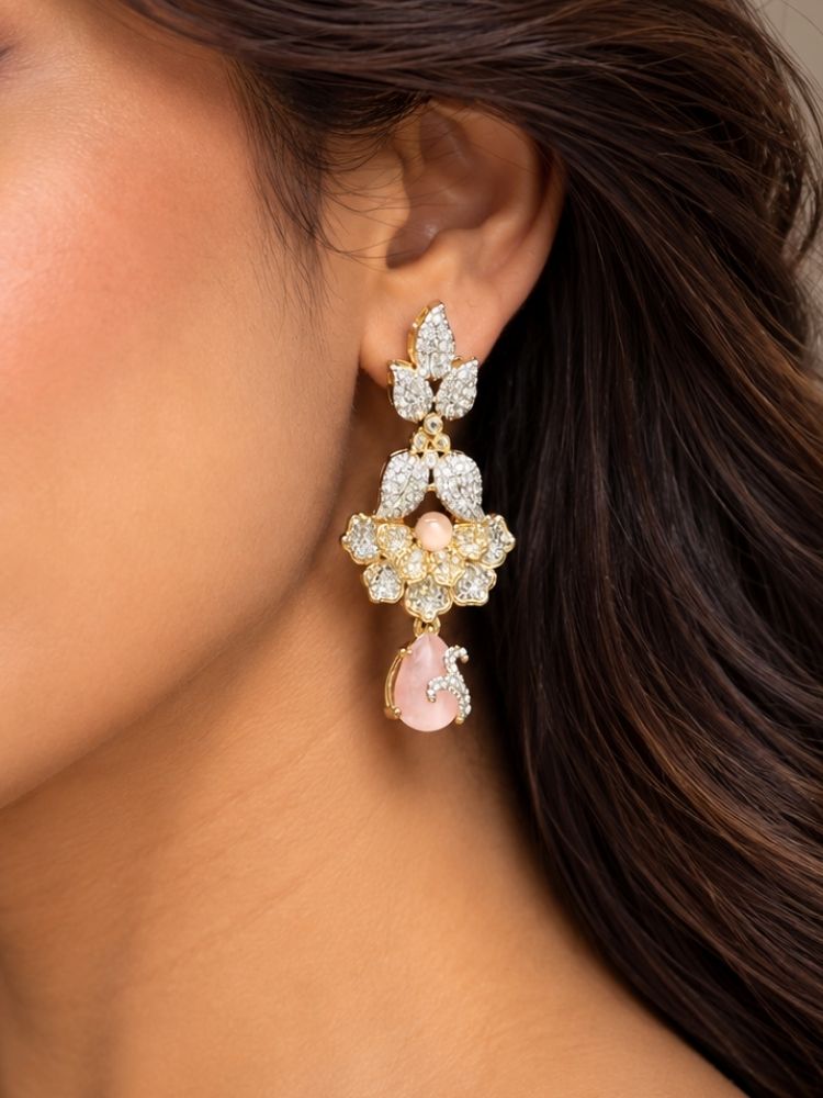 Oleander American Diamond Mint Pink & Green Dual Tone earrings close-up – dual tone American diamond floral drop earrings, matching the necklace set