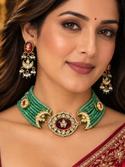 Nicoletta Kundan Green Bead Choker Necklace Set