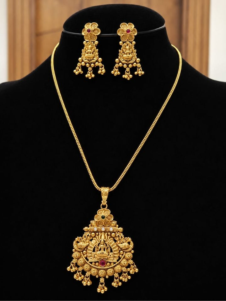 Shree Pendant Set on black display – gold temple pendant chain with earrings, gold plated jewellery set online