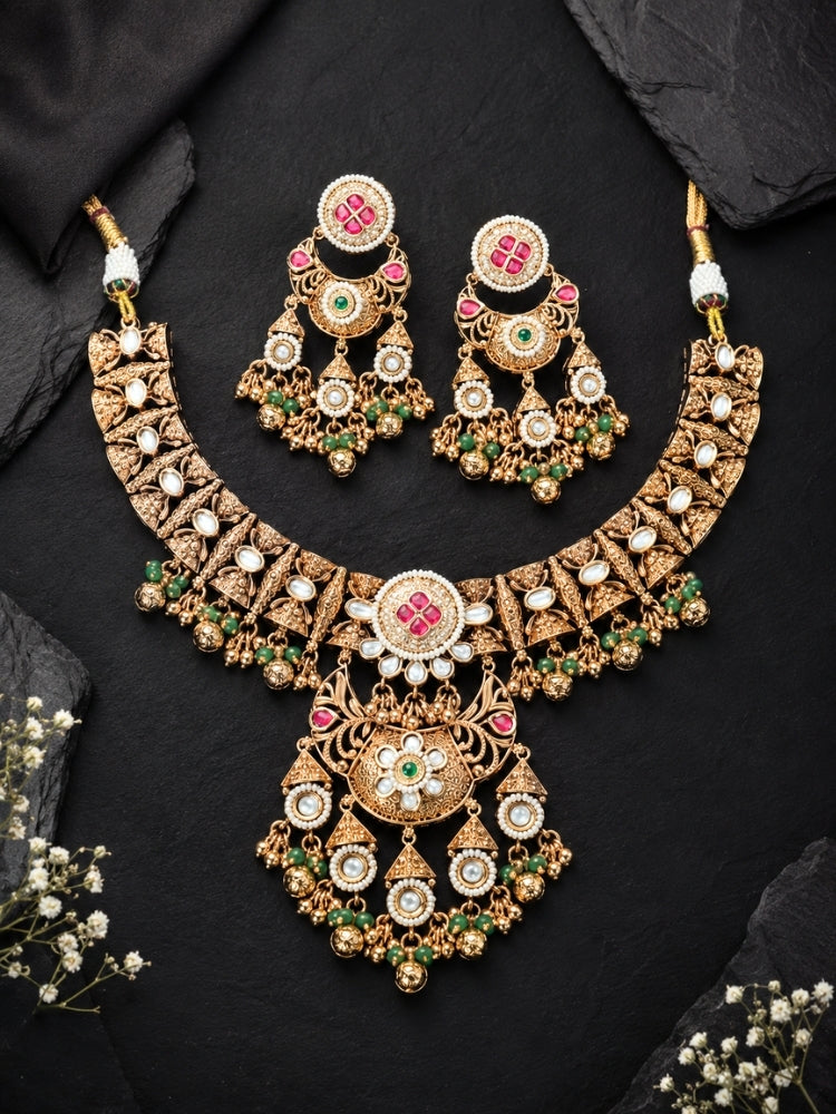 Alakapuri Heritage Pink & Green Necklace Set