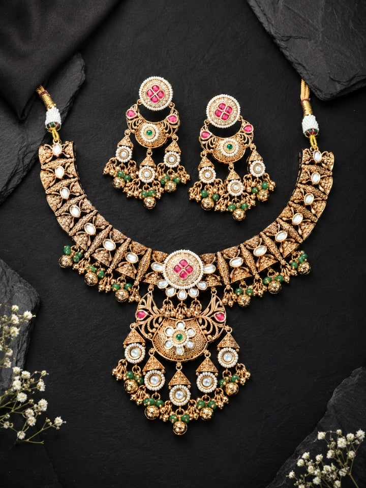 Alakapuri Heritage Pink & Green Necklace Set