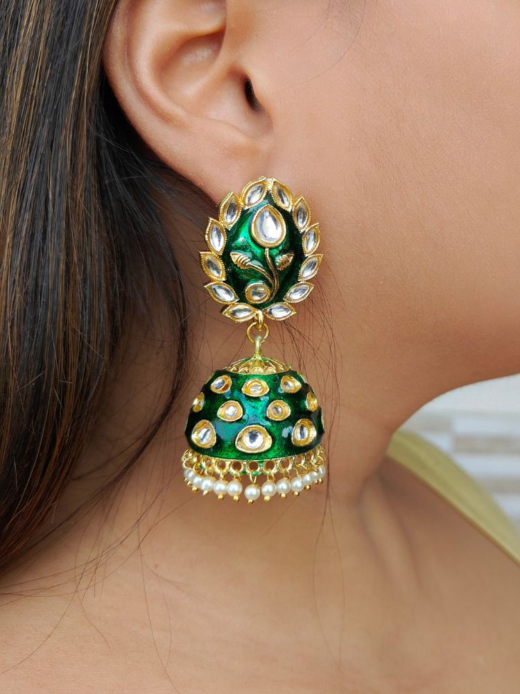 Ananya Dark Green Kundan Jhumkis