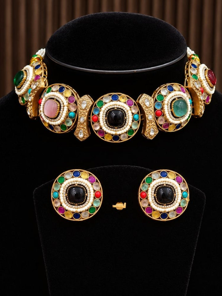 Esperanza multicolour choker necklace and stud earrings on a display, imitation jewellery for weddings and parties
