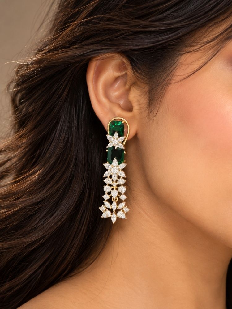 Electra Green earrings close-up – emerald green and American diamond drop earrings, matching the necklace set