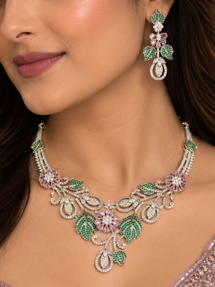 Yolanda Mint Pink & Green Silver Necklace Set