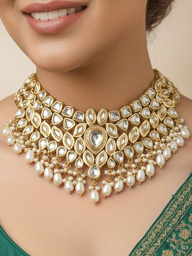 Close-up of a woman wearing an ornate traditional Gold Collar Necklace set, Eaarings and Mangtikka with Kundan, Pearls and American Diamonds. Bride wearing a traditional Kundan artificial necklace set for her wedding ceremony. Royal bridal look featuring a traditional Kundan necklace set.