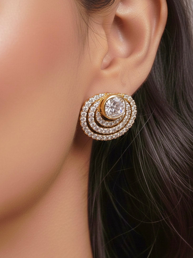 Close-up of a woman wearing an ornate Indo-western American Diamond gold Collar jewellery set and earrings with American Diamond and Monalisa Stones. Close-up of a cocktail party look featuring a premium American diamond necklace.
Festive celebration look featuring an American Diamond artificial necklace.