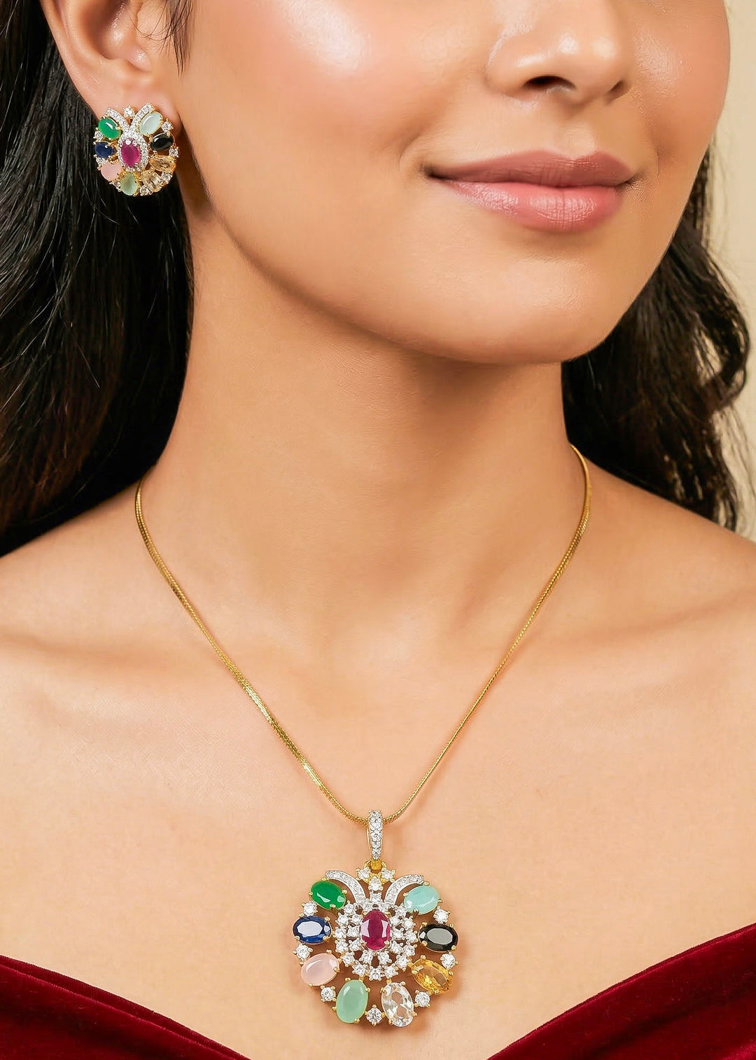 Close-up of a woman wearing an ornate Indo-Western Navratan (gold Polish) Pendant Set with American Diamond and Navratan Colored Stones. Elegant festive look with a high-quality imitation American diamond Pendant set. Indo-western outfit styled with a statement American diamond  Pendant set.