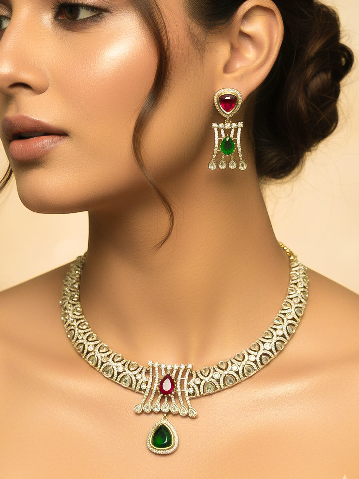 "Close-up of a woman wearing a sparkling artificial diamond and polki with red and green colored stone necklace and diamond earrings set, designed to offer a radiant, elegant look for any formal occasion or Indian wedding. This affordable diamond jewelry provides a flawless, luxurious alternative to natural diamonds."
