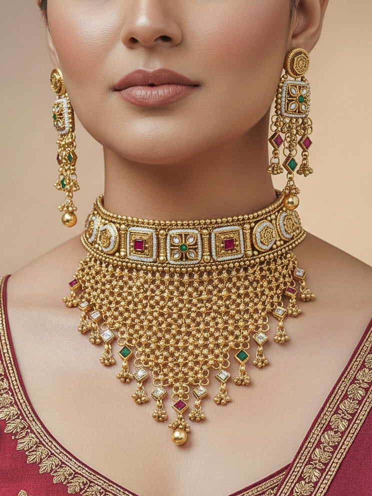Close-up of a woman wearing an ornate traditional Rajwadi gold Choker jewellery set and earrings with Brass, Stones, Pearls and Bandhai Work. Festive look completed with a luxury Rajwadi imitation necklace. Model wearing a royal Rajwadi necklace set for festive celebrations in India.