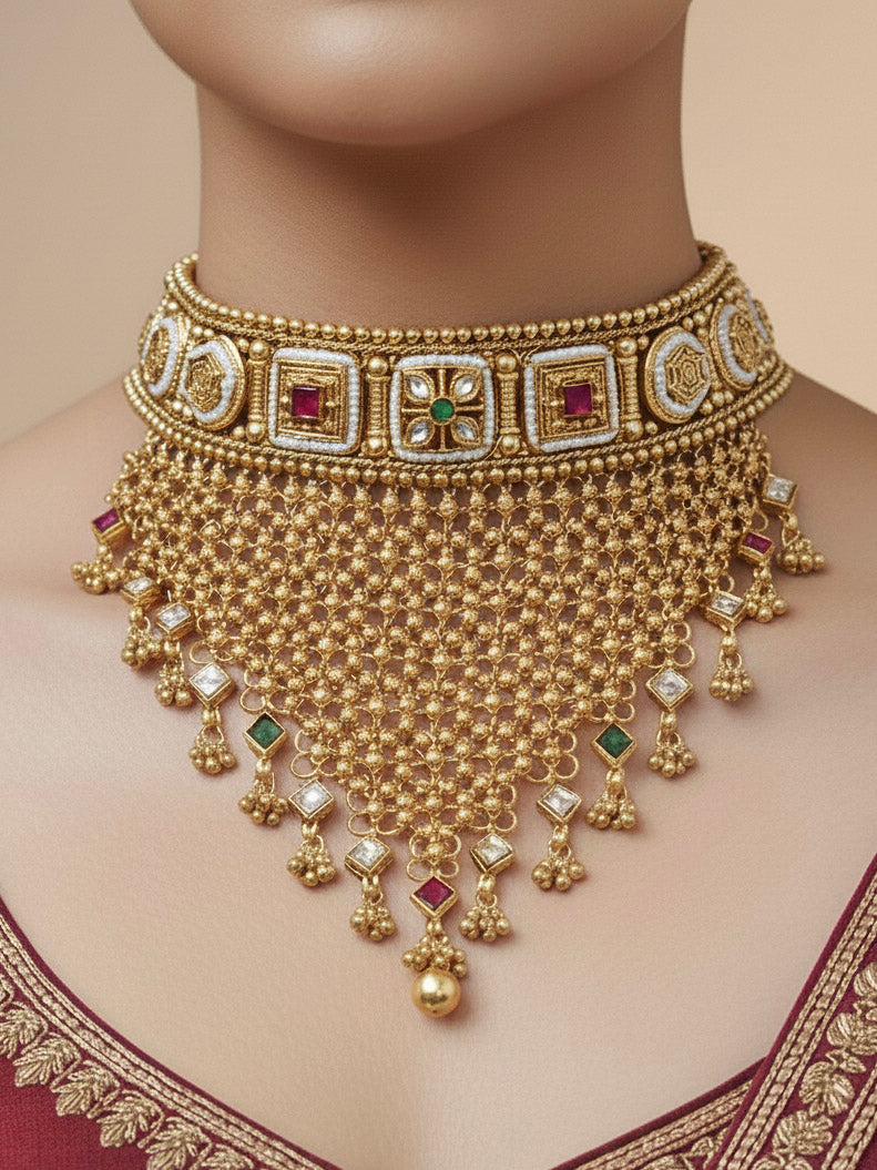 Close-up of a woman wearing an ornate traditional Rajwadi gold Choker jewellery set and earrings with Brass, Stones, Pearls and Bandhai Work. Festive look completed with a luxury Rajwadi imitation necklace. Model wearing a royal Rajwadi necklace set for festive celebrations in India.