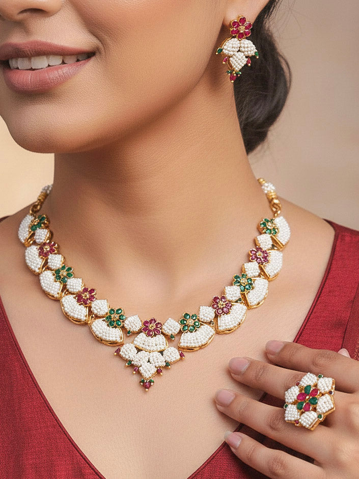 Ambuja Pearl Necklace Set + Ring Combo