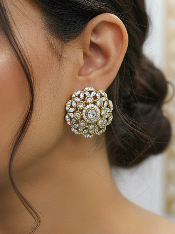 "A close-up shot of a bride wearing a stunning artificial diamond and green colored stone necklace with matching earrings, designed to complement bridal attire. This affordable diamond necklace set is perfect for brides seeking luxurious but cost-effective wedding jewelry in India."