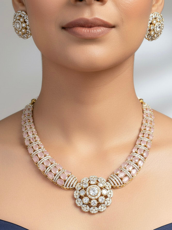 "A stunning woman wearing a glamorous artificial diamond and mint pink colored stone necklace paired with chic earrings, perfect for bridal wear. This high-quality artificial diamond jewelry set is the ideal choice for modern brides looking for a budget-friendly option with timeless sparkle."

