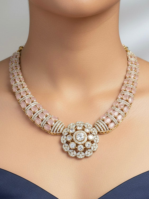 "A bride-to-be wearing an exquisite artificial diamond and mint pink colored stone necklace and matching earrings, designed for the perfect engagement look. This stunning artificial diamond jewelry set offers luxury and sophistication while being an affordable alternative to natural diamonds."
