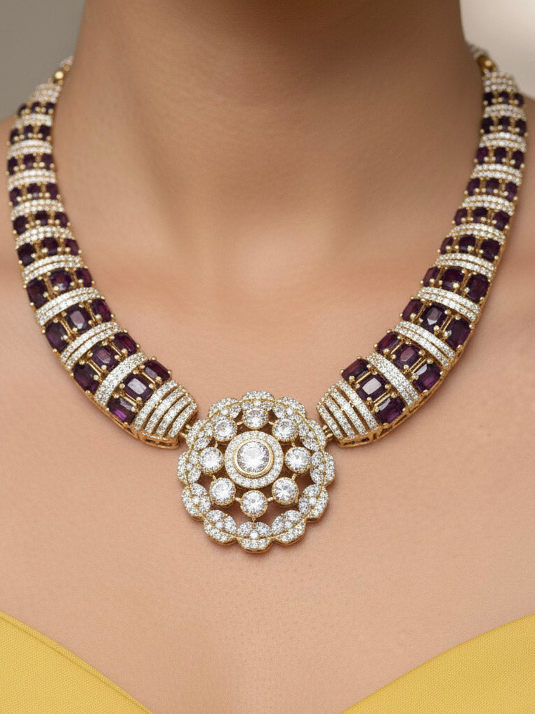 "Elegant woman wearing a luxurious artificial diamond and purple colored stone necklace with matching earrings, perfect for high-profile wedding receptions and formal galas. This high-end artificial diamond jewelry set combines style, elegance, and affordability for special occasions."
