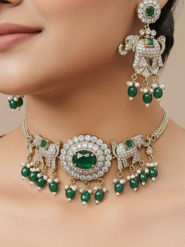 Close-up of a woman wearing an ornate traditional Dark Green (Mehendi gold Polish) Choker Diamond jewellery set and earrings with American Diamond, Colored Stone and Pearls. Elegant festive look with a high-quality imitation American diamond necklace set. A woman wearing a luxury American diamond necklace set styled beautifully for a wedding guest look in India.