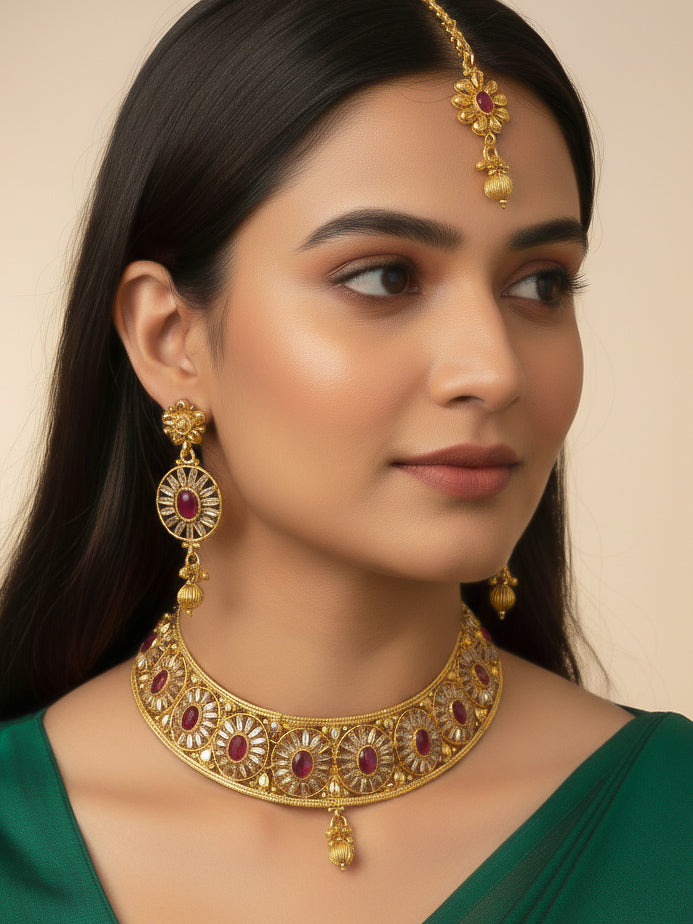 Close-up of a woman wearing an ornate traditional Red Diamond gold Polish Choker jewellery set and earrings and maangtikka with Baguette American Diamonds and Red Colored Stones. A woman wearing a luxury American diamond necklace set styled beautifully for a wedding guest look in India. Close-up of a featuring an anti-tarnish American diamond artificial necklace.