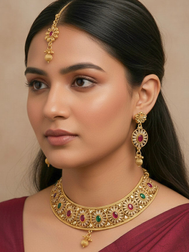 Close-up of a woman wearing an ornate traditional Red & Green Diamond gold Polish Choker jewellery set and earrings and maangtikka with Baguette American Diamonds and Red and Green Colored Stones. A woman wearing a luxury American diamond necklace set styled beautifully for a wedding guest look in India. Close-up of a featuring an anti-tarnish American diamond artificial necklace.