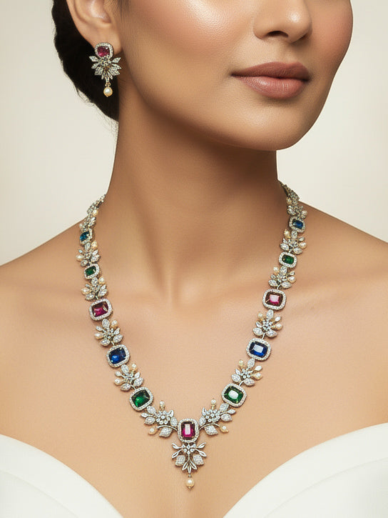 "A woman showcasing a beautiful artificial diamond and colored stone long necklace and earrings set, ideal for festivals, family gatherings, and special celebrations in India. This elegant diamond jewelry provides the perfect blend of sparkle and tradition, with a modern twist." 