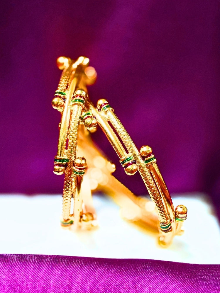 Close-up of an ornate traditional (Gold Polish) White Bangles Set. It’s comfortable and lightweight enough for everyday wear, and it also looks absolutely beautiful and elegant. The design is stylish, the finish is impressive, and it feels really pleasant to wear all day.