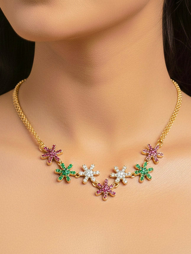 Close-up of a woman wearing an ornate Indo-western (Mehendi Gold Antique Finish Polish) Choker jewellery set and earrings American Diamond and Colored Stones. Model wearing a lightweight American diamond necklace perfect for long wedding functions. Close-up of  featuring an anti-tarnish American diamond artificial necklace.