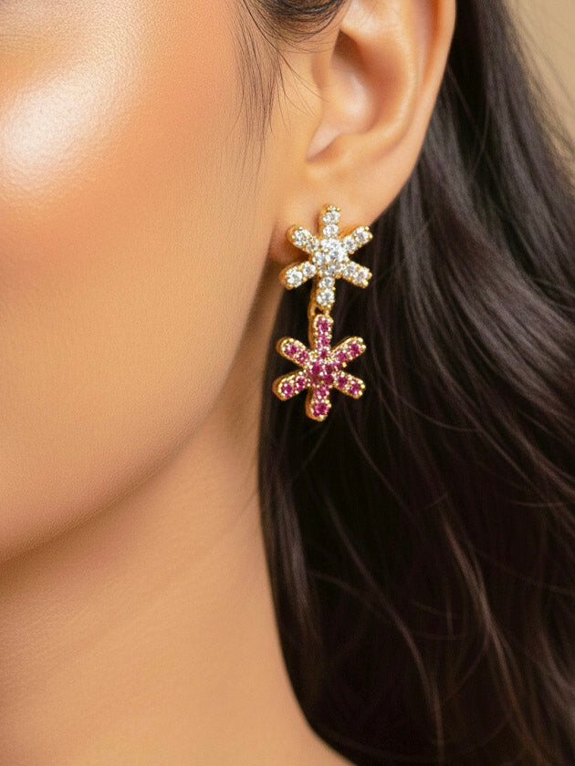 Close-up of a woman wearing an ornate Indo-western (Mehendi Gold Antique Finish Polish) Choker jewellery set and earrings American Diamond and Colored Stones. Model wearing a lightweight American diamond necklace perfect for long wedding functions. Close-up of  featuring an anti-tarnish American diamond artificial necklace.
