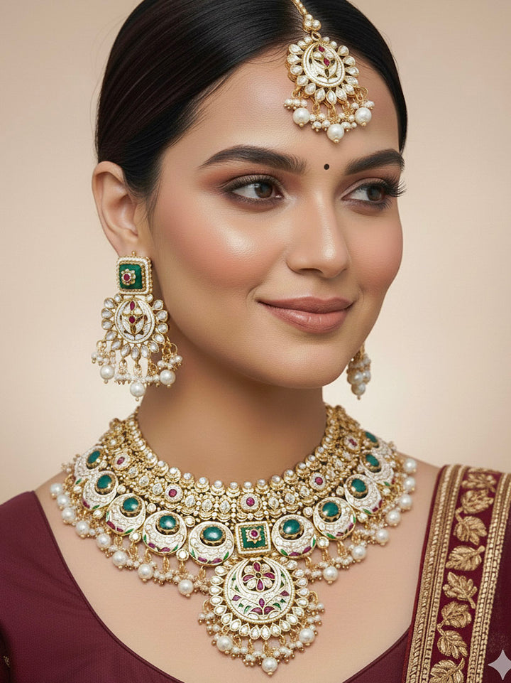 Close-up of a woman wearing an ornate traditional Heritage gold Collar jewellery set and earrings and maangtikka with Pearls, Meenakari, Green Colored Stones and Kundan. Bride wearing a heritage-inspired artificial necklace set for her wedding ceremony. Close-up of intricate Meenakari detailing in imitation bridal jewelry.