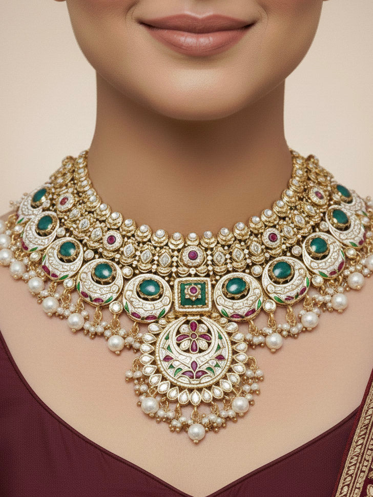 Close-up of a woman wearing an ornate traditional Heritage gold Collar jewellery set and earrings and maangtikka with Pearls, Meenakari, Green Colored Stones and Kundan. Bride wearing a heritage-inspired artificial necklace set for her wedding ceremony. Close-up of intricate Meenakari detailing in imitation bridal jewelry.