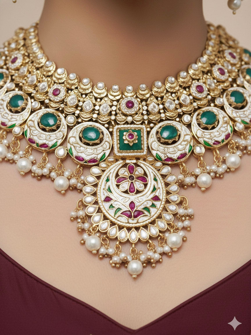 Close-up of a woman wearing an ornate traditional Heritage gold Collar jewellery set and earrings and maangtikka with Pearls, Meenakari, Green Colored Stones and Kundan. Bride wearing a heritage-inspired artificial necklace set for her wedding ceremony. Close-up of intricate Meenakari detailing in imitation bridal jewelry.