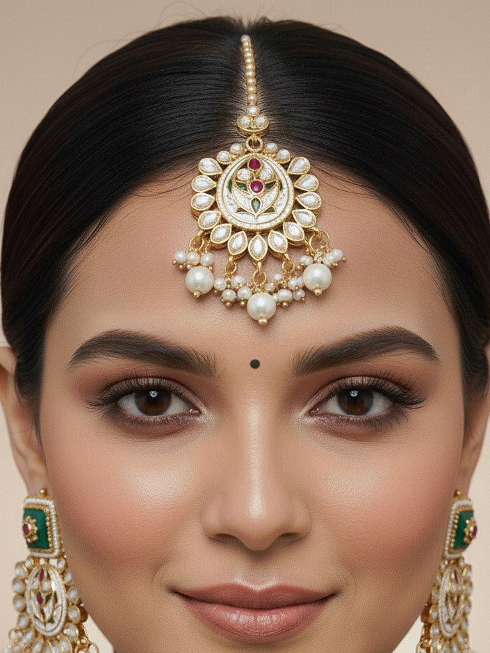 Close-up of a woman wearing an ornate traditional Heritage gold Collar jewellery set and earrings and maangtikka with Pearls, Meenakari, Green Colored Stones and Kundan. Bride wearing a heritage-inspired artificial necklace set for her wedding ceremony. Close-up of intricate Meenakari detailing in imitation bridal jewelry.