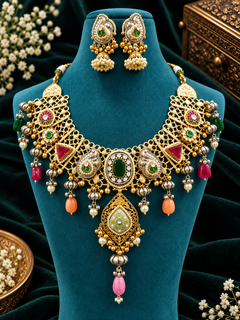 Rasika Kashmiri-Boho CS Necklace Set (Green & Ruby Pink)