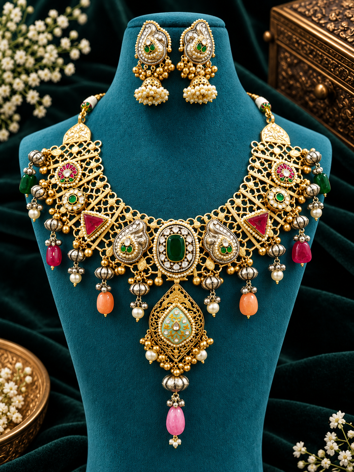 Rasika Kashmiri-Boho CS Necklace Set (Green & Ruby Pink)
