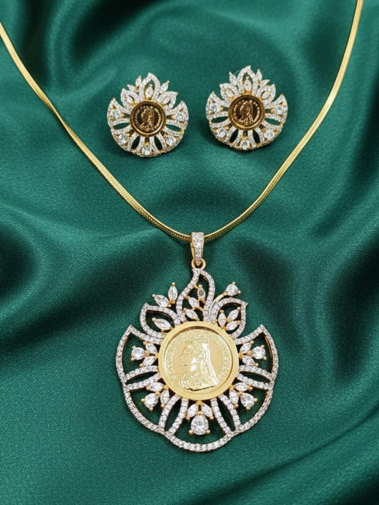Close-up of an ornate Indo-western gold Diamond Ginni Pendant set and earrings with American Diamonds. Close-up of a cocktail party look featuring a premium American diamond Ginni Pendant Set. Party wear outfit completed with a lightweight American diamond Ginni  Pendant Set.