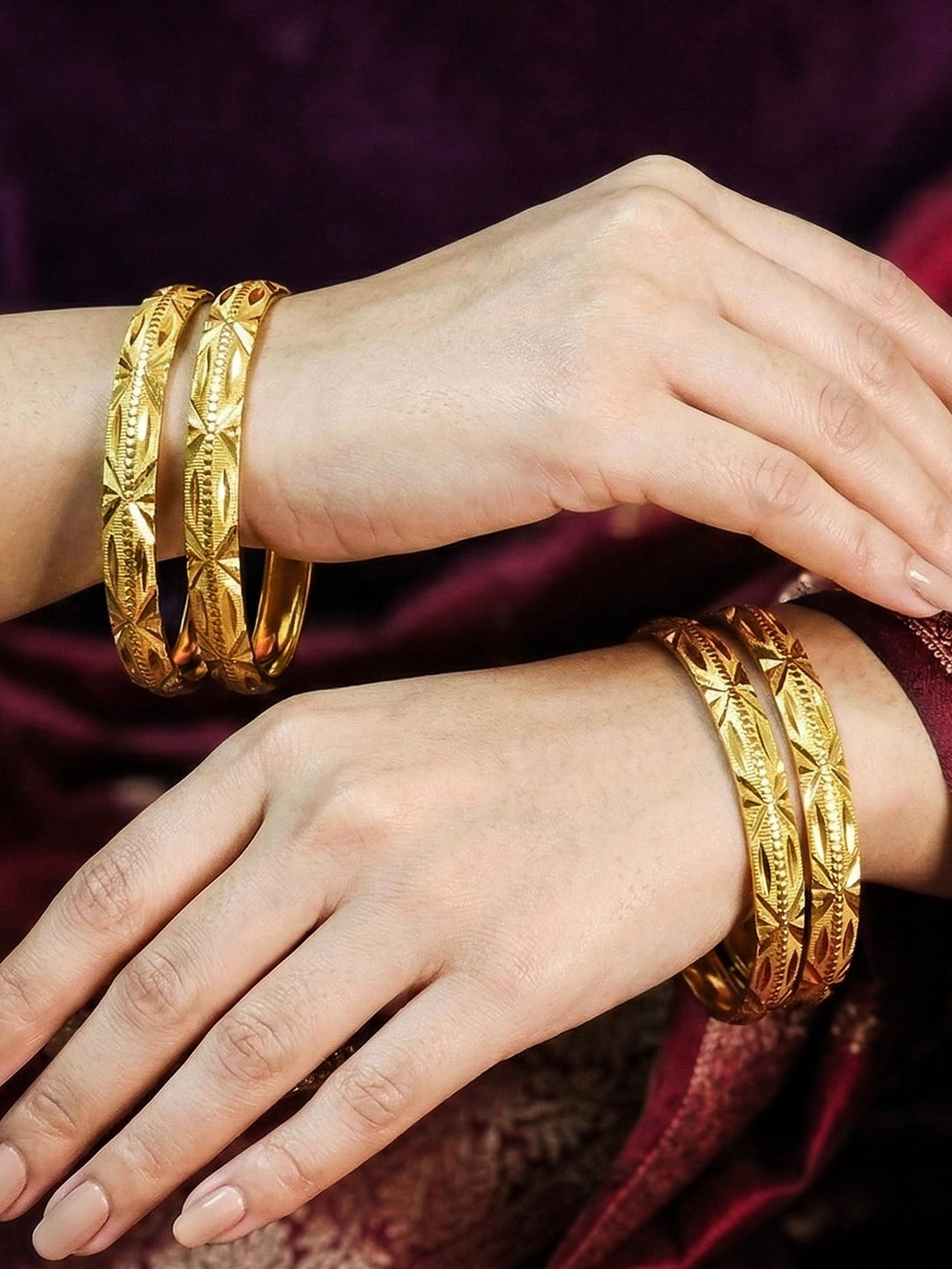 Close-up of an a women wearing ornate traditional (Gold Polish) Bangles Set. It’s comfortable and lightweight enough for everyday wear, and it also looks absolutely beautiful and elegant. The design is stylish, the finish is impressive, and it feels really pleasant to wear all day.