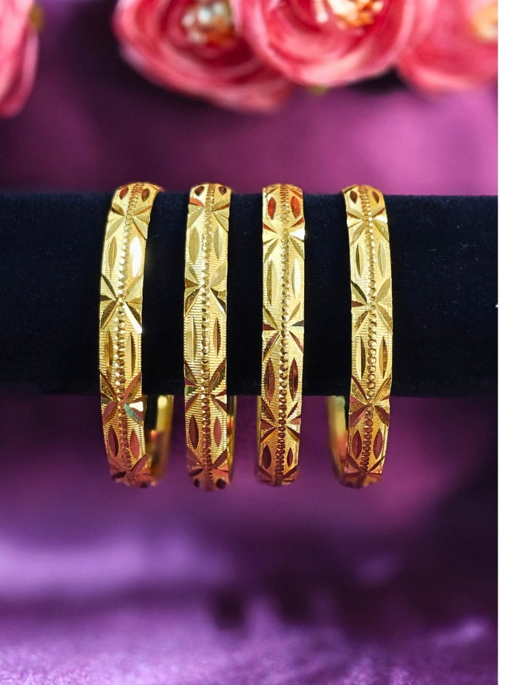 Close-up of an ornate traditional (Gold Polish) Bangles Set. It’s comfortable and lightweight enough for everyday wear, and it also looks absolutely beautiful and elegant. The design is stylish, the finish is impressive, and it feels really pleasant to wear all day.