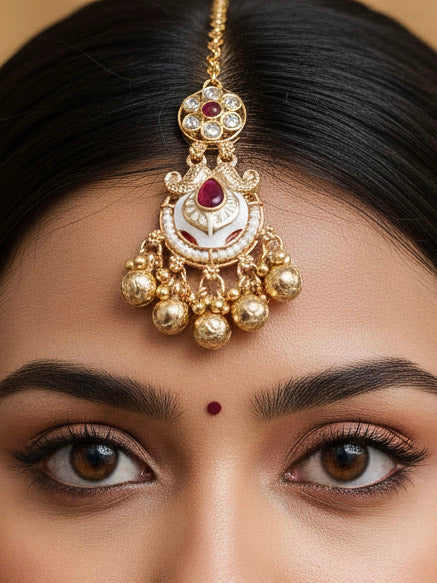 Close-up of a woman wearing an ornate traditional Ruby Pink Meenakari gold Choker jewellery set and earrings and maangtikka with Colored Stones, Pearls, Meenakari, Kundan and Crystal Beads. Festive Diwali outfit paired with a colorful Meenakari necklace. Close-up of detailed enamel craftsmanship in Meenakari jewelry.
