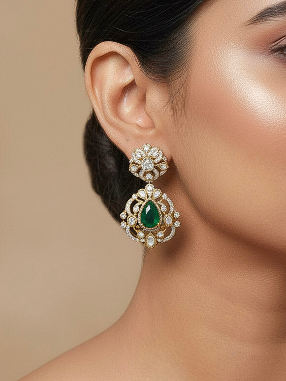 Close-up of a woman wearing an ornate traditional Green Heritage gold Long Layered jewellery set and earrings with colored Stone, Kundan and American Diamond. Mehendi ceremony styling featuring a premium heritage artificial jewelry piece. Woman styling a vintage heritage artificial necklace for a reception party.