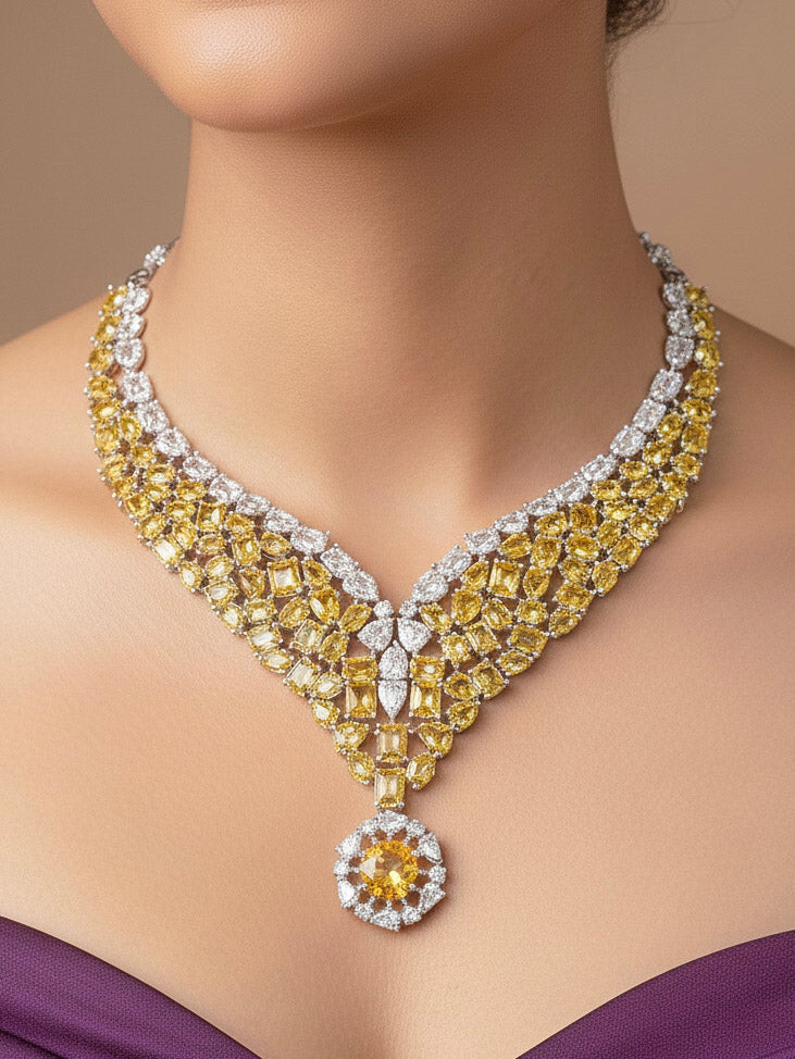 "Close-up of a woman wearing a stunning affordable artificial diamond necklace with yellow colored stone and matching earrings set, perfect for wedding guests and formal events. This luxury artificial diamond jewelry provides the brilliance of real diamonds at a fraction of the cost."
