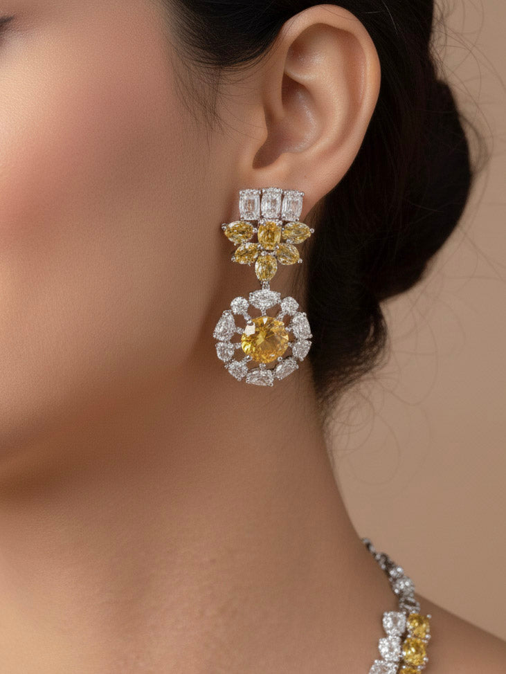 "A stunning woman wearing a glamorous artificial diamond necklace with yellow colored stone paired with chic earrings, perfect for bridal wear. This high-quality artificial diamond jewelry set is the ideal choice for modern brides looking for a budget-friendly option with timeless sparkle."
